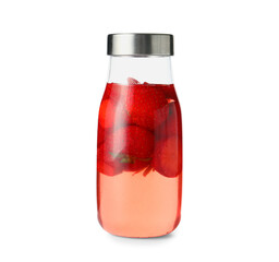 Sports bottle of infused water with strawberry on white background