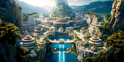Fantasy city landscape, cliffs, Atlantis, coastal water island civilization. - obrazy, fototapety, plakaty
