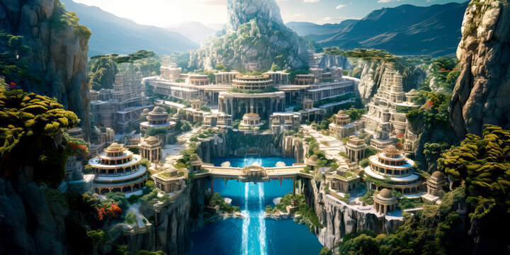 Fantasy city landscape, cliffs, Atlantis, coastal water island civilization.