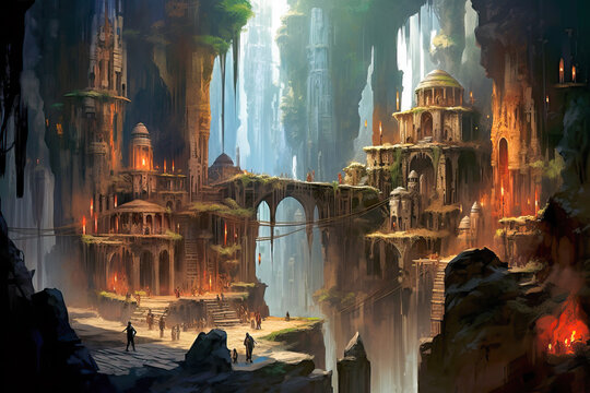 Fantasy stone city landscape, cliff buildings, overgrown, old.