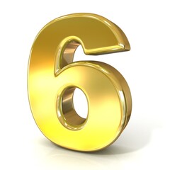 Numerical digits collection, 6 - SIX. 3D golden sign isolated on white background. Render illustration.
