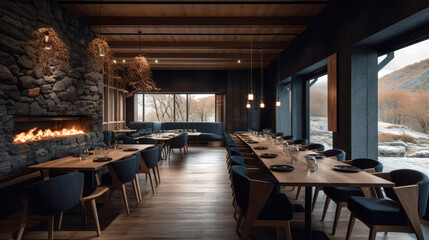 Modern interior space of a vineyard nestled amidst the stunning winter landscapes of Northern Norway. Generative AI