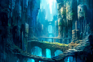 Fantasy stone ruins landscape, cliff buildings, water, wet, overgrown, old.