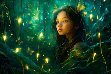 Woman with butterflies and glowing lights fireflies in the green forest, night, fantasy painting.
