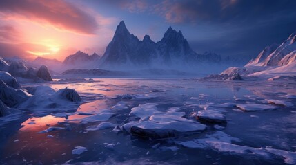 Frozen Arctic setting with icy terrain, snow - covered mountains, and a chilling atmosphere