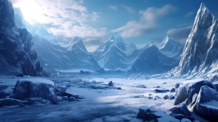 Frozen Arctic setting with icy terrain, snow - covered mountains, and a chilling atmosphere