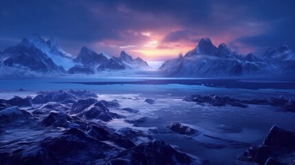 Frozen Arctic setting with icy terrain, snow - covered mountains, and a chilling atmosphere