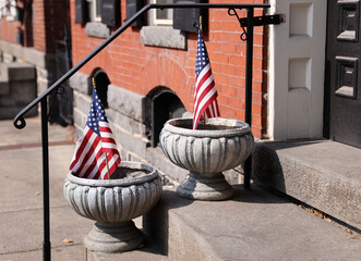 American flags on staircase 
