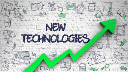 New Technologies - Modern Illustration with Doodle Design Elements. New Technologies - Business Concept with Doodle Icons Around on the White Brick Wall Background.
