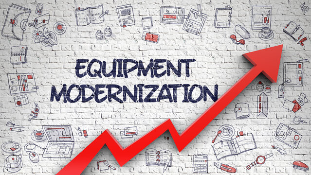Equipment Modernization - Business Concept. Inscription on the White Brickwall with Doodle Icons Around. Equipment Modernization Drawn on Brick Wall. Illustration with Hand Drawn Icons.