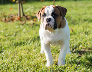 Funny nice red American Bulldog puppy on nature