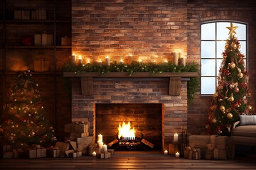 fireplace with christmas tree and christmas decorations