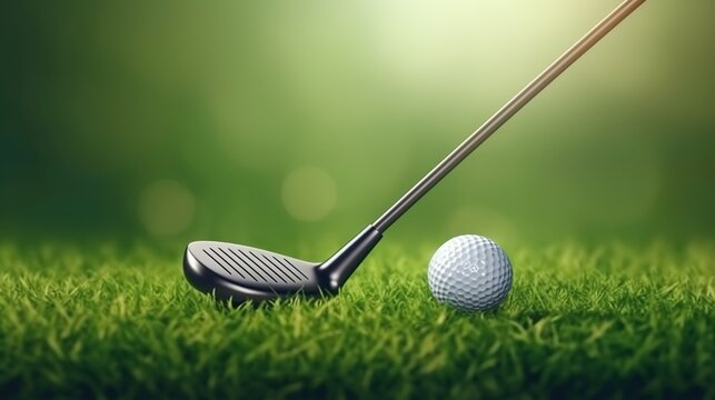 golf club stick and ball tee on grass fie