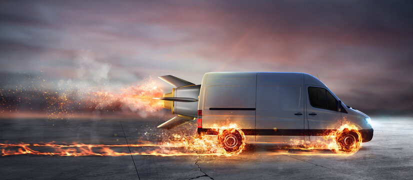 Super fast delivery of package service . van with wheels on fire on the road