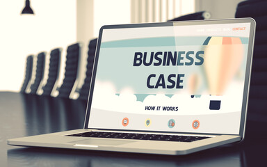 Business Case. Closeup Landing Page on Laptop Display. Modern Meeting Hall Background. Blurred Image. Selective focus. 3D Rendering.