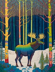 illustration graphic colorful design of a moose and forest background