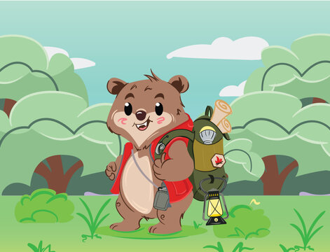 Little Cute camping bear going to the woods