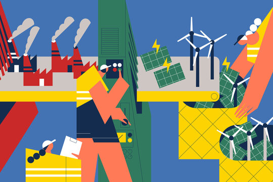 Operators working in a recycling plant transforming contaminating power plants and toxic pollutants industrial plants into green and clear energy plants.