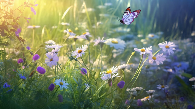 Beautiful field meadow flowers chamomile and violet wild bells and three flying butterflies in morning green grass in sunlight, natural landscape. Delightful pastoral airy fresh artistic image nature,