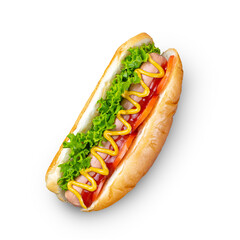 Homemade Hot Dog with yellow mustard, ketchup, tomato and fresh salad leaves isolated on white, transparent background, PNG. Fast food, street food, american cuisine