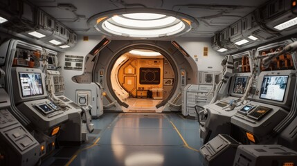 Interior of a space station, complete with control rooms, zero - gravity areas, and advanced technology