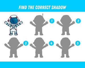 Find correct shadow of astronaut. Educational logical game for kids. Cartoon cosmonaut. 