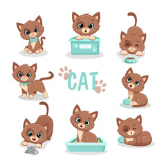 Obraz premium Set of funny cute cats in different poses in cartoon style. Brown kitten. Vector illustration 
