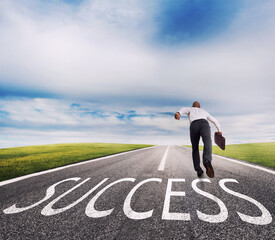 Man runs fast on a success way. Concept of successful businessman and company startup