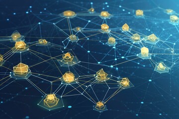 technology network background with a blue gradient and golden hubs and connections in polygon shapes