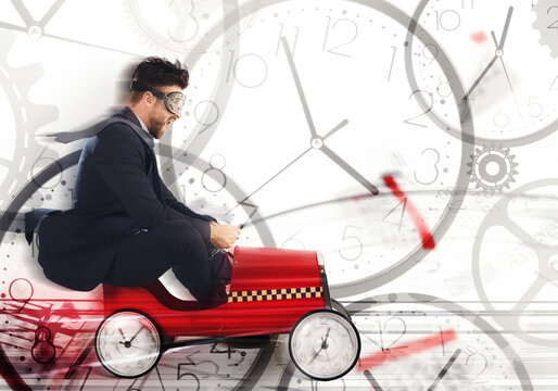 Business man drive fast a car with clock wheels surrounded by clocks