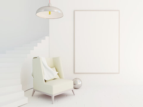 Interior mockup illustration, 3d render, white wall with blank board and staircase