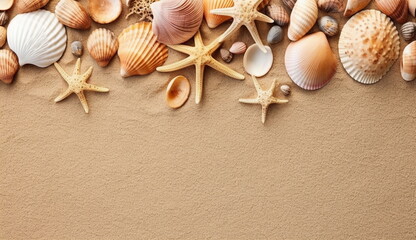 Fototapeta na wymiar A photo featuring a collection of seashells and starfish against a sandy beach background, embodying the theme of summer. Based on Generative Ai.