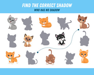 Find correct shadow of cats. Educational logical game for kids. Cartoon animals. Vector illustration