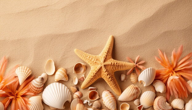A photo featuring a collection of seashells and starfish against a sandy beach background, embodying the theme of summer. Based on Generative Ai.