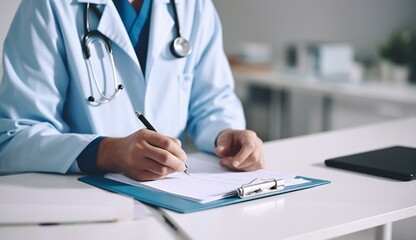 A photo of a doctor writing a prescription on a piece of paper. Based on Generative Ai.