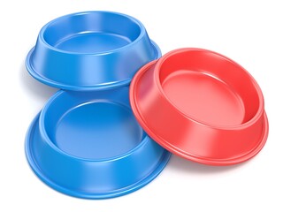 Two blue pet bowls for food and one red. 3D rendering illustration isolated on white background