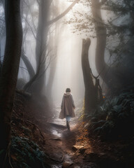 a person walking down a path in the woods on a foggy day with light coming through the trees and leaves