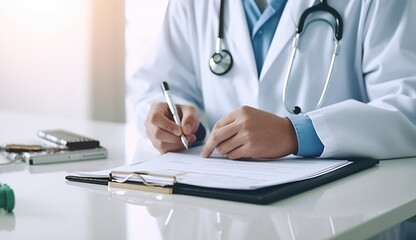 Fototapeta premium A photo of a doctor writing a prescription on a piece of paper. Based on Generative Ai.
