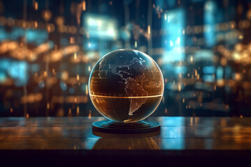 Glass globe designed to look like miniature Earth, complete with continents in intricate detail. Globe rests on sleek and modern stand, creating sense of elegance. Generative AI Technology.