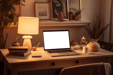 mockup of white computer monitor on desk. screen makes it easy to add your own content or showcase digital designs, making it ideal for technology blogs, e-commerce sites. Generative AI Technology.