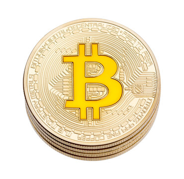 Golden cruptocurrency yellow bitcoin on white background. High resolution photo.