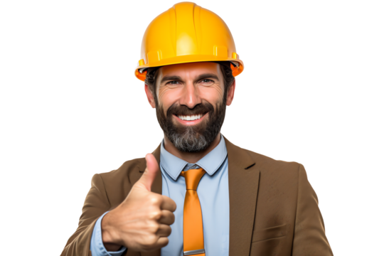 Architect in suit and hard hat thumbs up smiling isolated - Generative AI