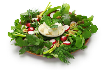 sabzi khordan, assortment of fresh herbs and raw vegetables salad, iranian cuisine isolated on...