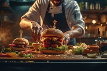 An up-close and vibrant photograph capturing the culinary perfection of a chef as they assemble and garnish delicious, premium big burgers