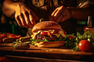 A visually appetizing scene of a chef in action, creating delectable, mouthwatering big burgers that are sure to satisfy any craving