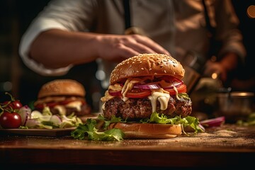 A delectable image showcasing the artistry of a chef as they meticulously craft delicious, gourmet burgers with the finest ingredients