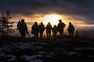 A squad of soldiers walking in a snowy landscape silhouetted against the rising sun.  Generative AI.