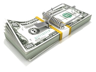 3D render mousetrap installed on dollar banknote stack, isolated on a white background