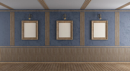 Empty purple room with blank frame and decorative wooden panel - 3d rendering