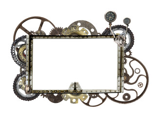 Metallic frame with vintage machine gears and cogwheel. Isolated on white background. Mock up...